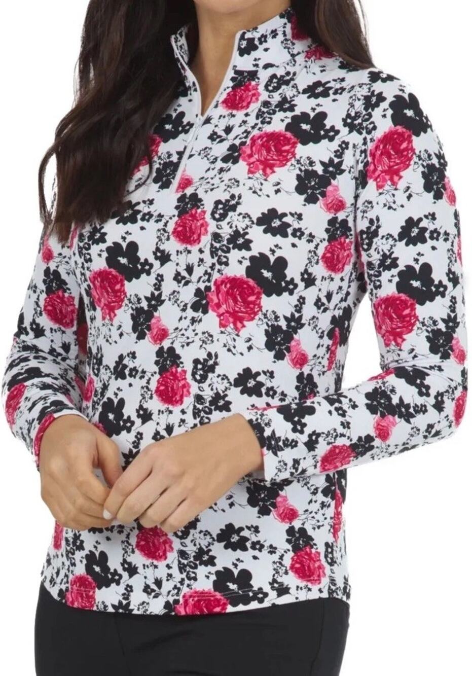 IBKUL Xenia Black Red 1/4 Zip Mock Neck Long Sleeve Golf Tennis Top UPF 50+ Sz L